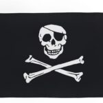 Drapeau pirate noir à tête de mort avec cache-œil et tibias croisés pour décorer la salle de fête