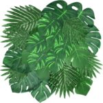 Lot de feuilles tropicales artificielles, monstera et palmier, pour un décor jungle d'anniversaire dinosaure