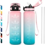 Gourde graduée rose et turquoise avec repères horaires, pour penser à boire toute la journée