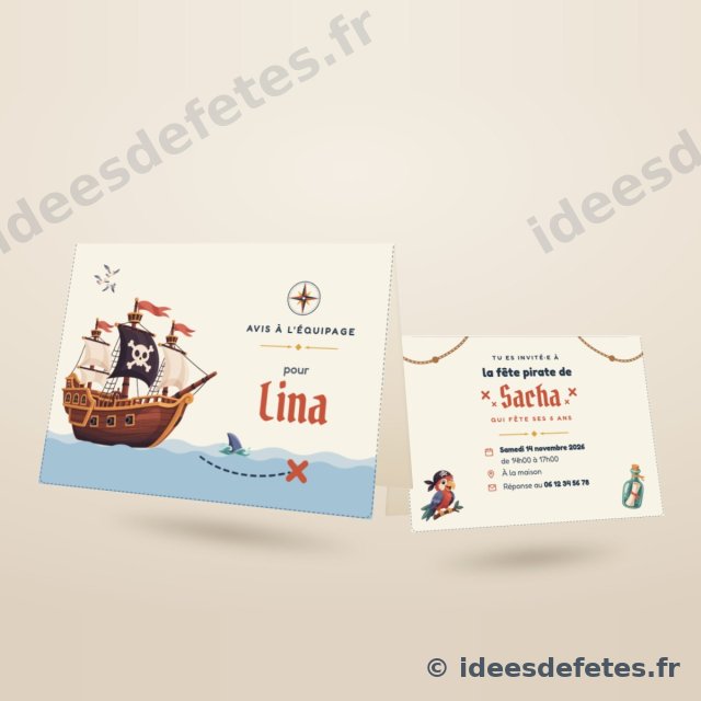 Invitation d’anniversaire pirate à imprimer, pliée en deux : le prénom de l’invité en couverture, la date et le lieu au verso