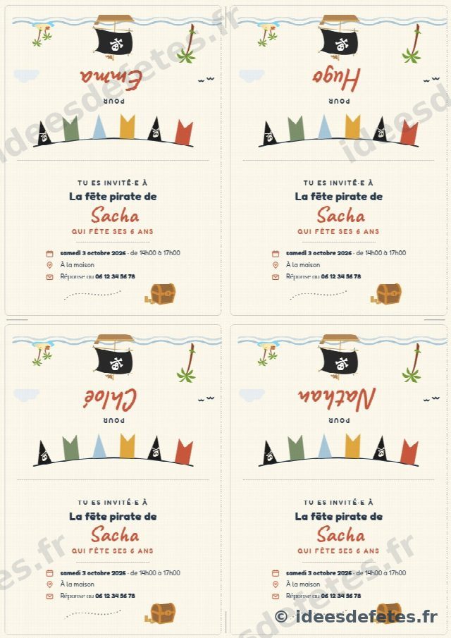 Invitations d'anniversaire pirate à imprimer : personnalisées au prénom de chaque invité