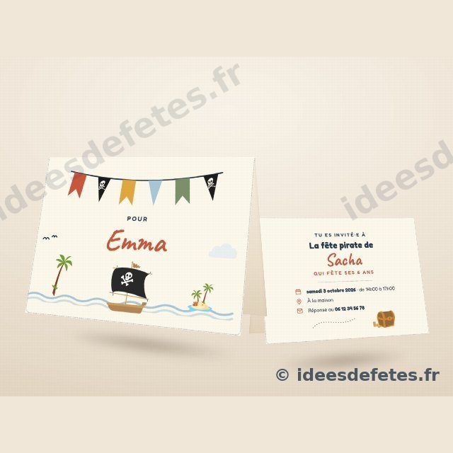 Invitation d’anniversaire pirate personnalisée, carte pliée au prénom de l’invité