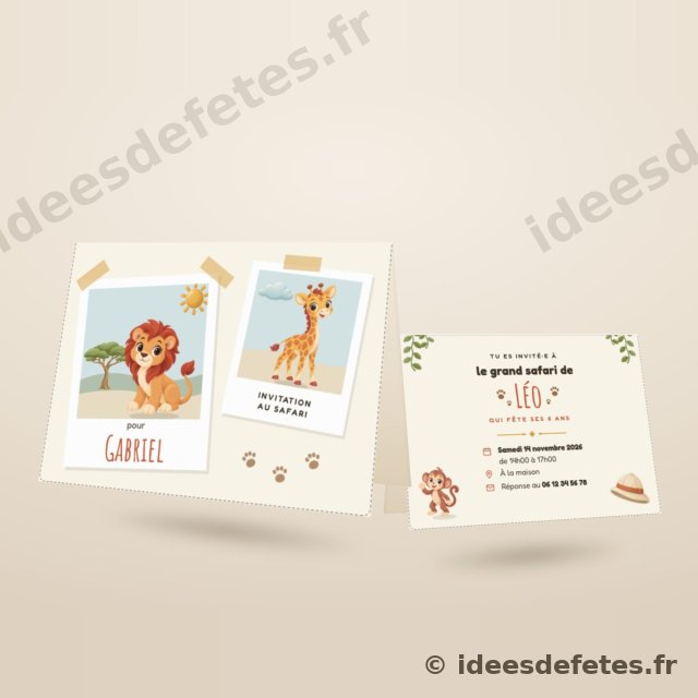 Invitation d’anniversaire safari à imprimer, pliée en deux : le prénom de l’invité en couverture, la date et le lieu au verso