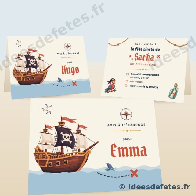 Invitations d’anniversaire pirate à imprimer : le galion en couverture et le prénom de chaque invité
