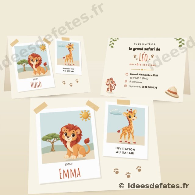 Invitations d’anniversaire safari à imprimer : le lion et la girafe au bord du point d’eau, et le prénom de chaque invité