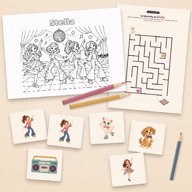 Jeux d'anniversaire disco à imprimer : coloriage, labyrinthe et cartes de memory