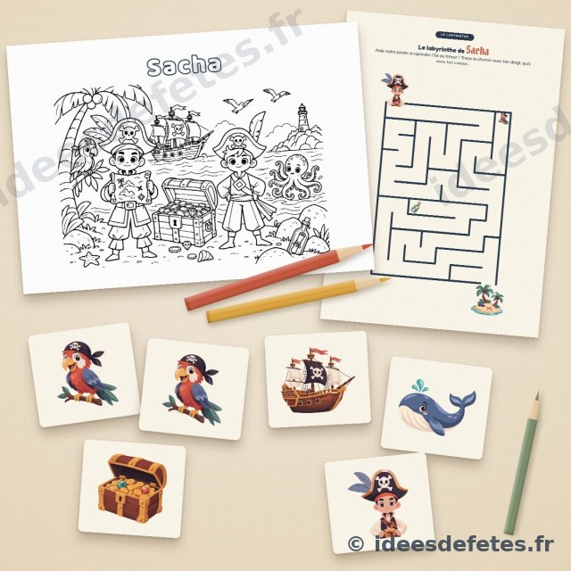 Jeux d’anniversaire pirate à imprimer : coloriage au prénom de l’enfant, labyrinthe et cartes de memory