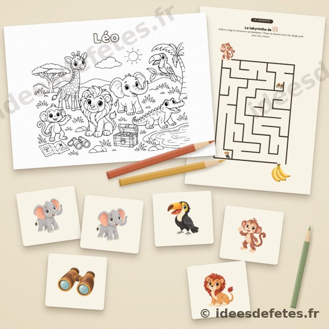 Jeux d’anniversaire safari à imprimer : coloriage au prénom de l’enfant, labyrinthe et cartes de memory des animaux