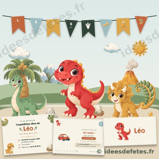 Kit d’anniversaire dinosaure personnalisé à imprimer : guirlande au prénom, invitation, carte de chasse au trésor et marque-place