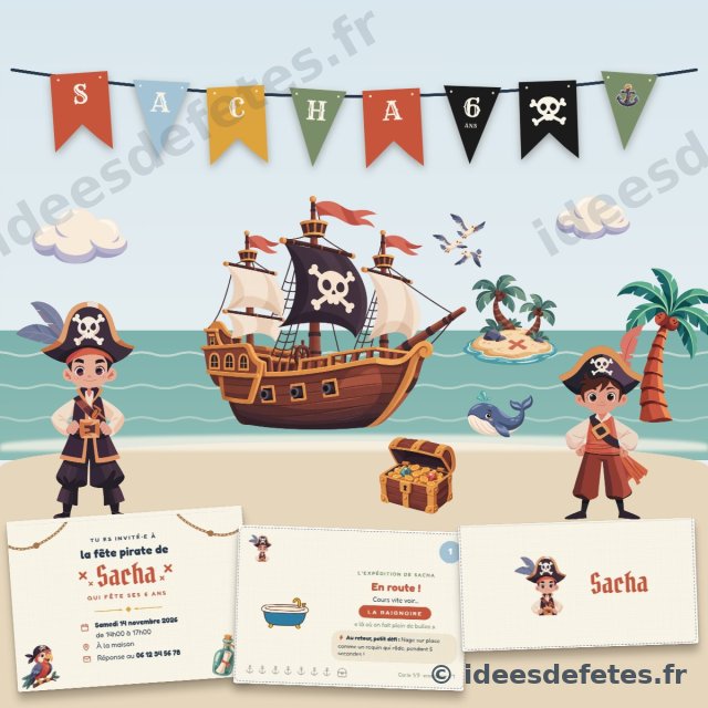 Kit d’anniversaire pirate personnalisé à imprimer : guirlande au prénom, invitation, carte de chasse au trésor et marque-place