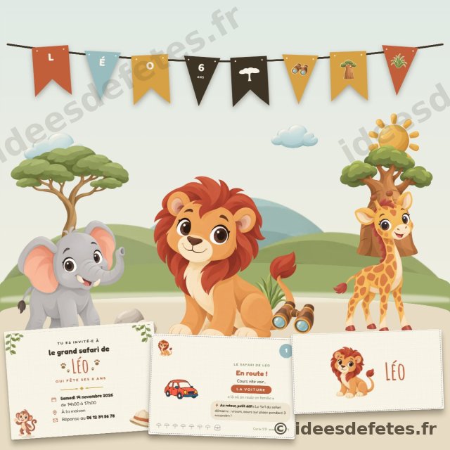 Kit d’anniversaire safari personnalisé à imprimer : guirlande au prénom, invitation, carte de chasse au trésor, marque-place et animaux de la savane