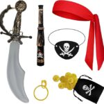 Kit de déguisement pirate : sabre, longue-vue, bandana rouge, cache-œil, boucle d'oreille et bourse de pièces d'or