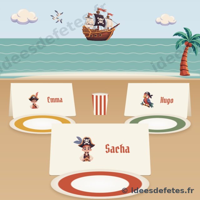 Marque-places pirate à imprimer : une carte au prénom de chaque enfant, debout derrière son assiette