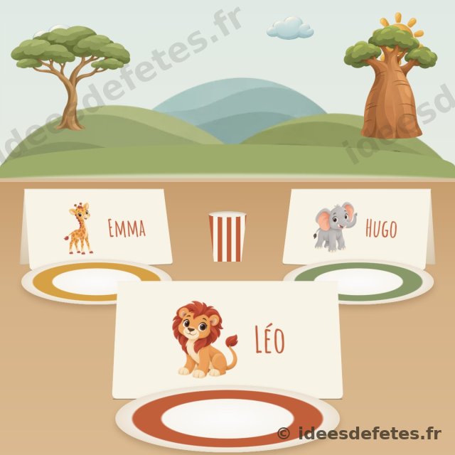 Marque-places safari à imprimer : une carte au prénom de chaque enfant avec un animal, debout derrière son assiette