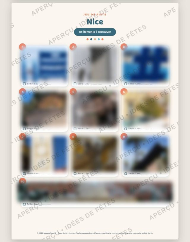 Planche des 10 photos mystère à retrouver dans Nice (aperçu flouté)