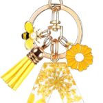 Porte-clés lettre en résine jaune à fleurs séchées et pompon, idée cadeau pour une collégienne