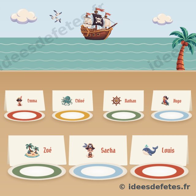 Porte-prénoms pirate à imprimer : sept cartes au prénom des invités sur la table d’anniversaire