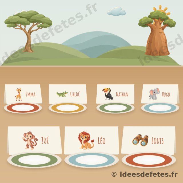 Porte-prénoms safari à imprimer : sept cartes au prénom des invités sur la table du goûter