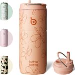 Gourde isotherme corail à motif floral avec bouchon à paille, idée cadeau pour une lycéenne