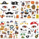 Tatouages éphémères pirates à coller : cache-œil, moustache, YO-HO-HO, galions et coffres au trésor