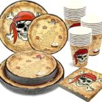 Vaisselle jetable pirate : assiettes carte au trésor et tête de mort au bandana rouge, gobelets et serviettes