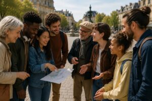 Groupe d'amis et famille réunis autour d'une feuille d'indices sur une place, un jeu de piste en ville
