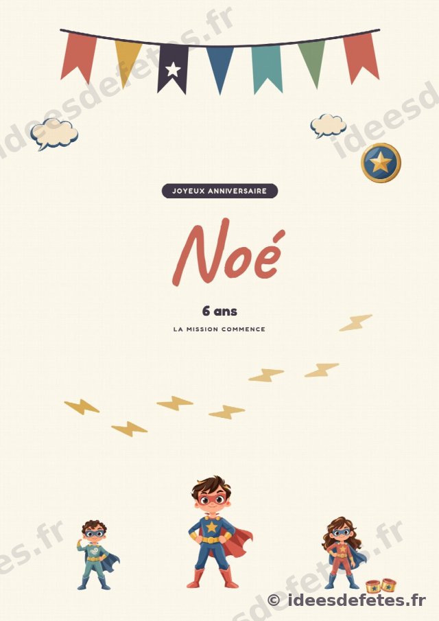 Affiche « Joyeux anniversaire » super-héros au prénom de l’enfant, avec la guirlande et la troupe de héros