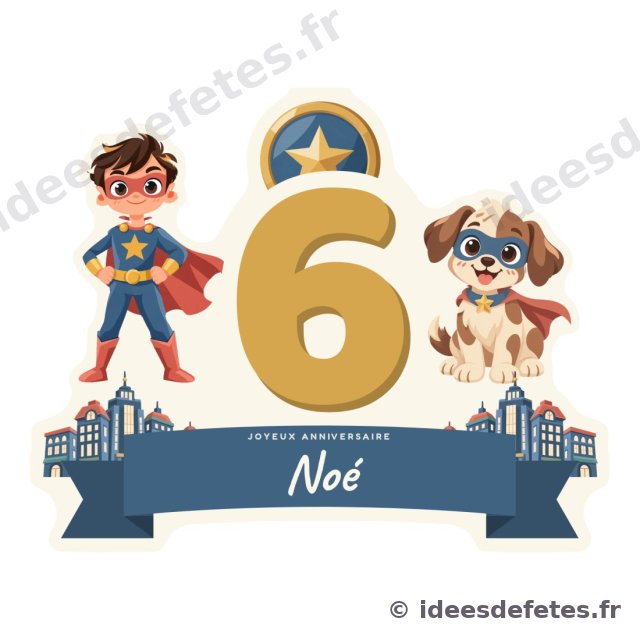 Cake topper super-héros à imprimer : l’âge en chiffres dorés sous un bouclier étoilé, le prénom sur un ruban, le héros et son chien de chaque côté