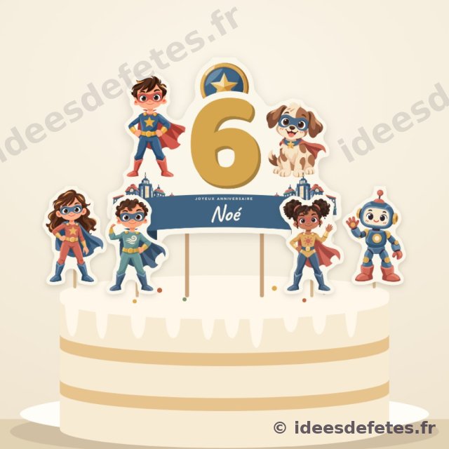 Cake topper super-héros à imprimer, planté sur le gâteau d’anniversaire : l’âge sous le bouclier étoilé, le prénom, le héros et son chien masqué