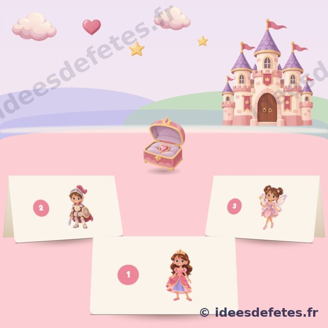 Chasse au trésor princesses à imprimer : trois figurines numérotées à cacher et le coffret du château