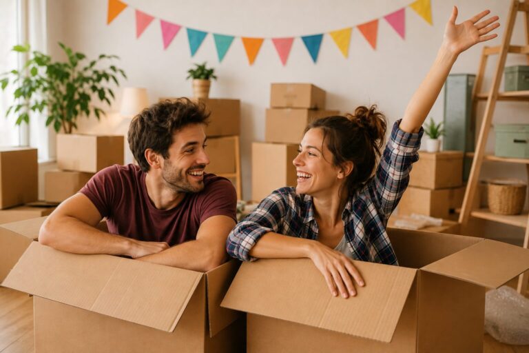 Couple souriant assis dans des cartons de déménagement sous une guirlande de fanions, prêt pour sa crémaillère