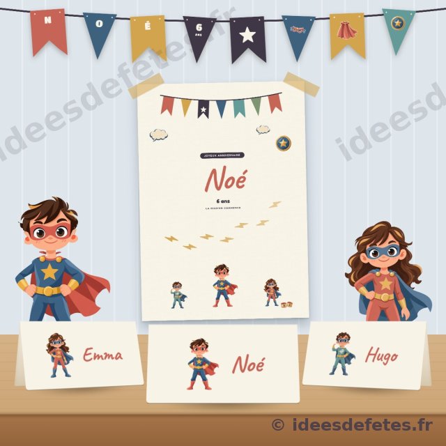 Décoration d’anniversaire super-héros à imprimer : guirlande au prénom, affiche de bienvenue et marque-places sur la table