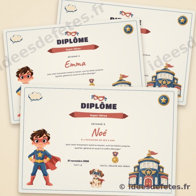 Diplôme de Super-Héros personnalisé à imprimer, au prénom de chaque enfant, avec le héros et le quartier général