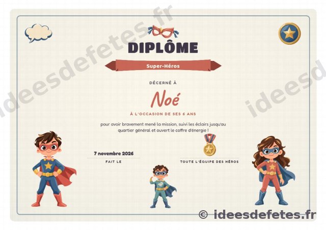 Diplôme de super-héros au prénom de l’enfant, remis à la fin de la chasse au trésor
