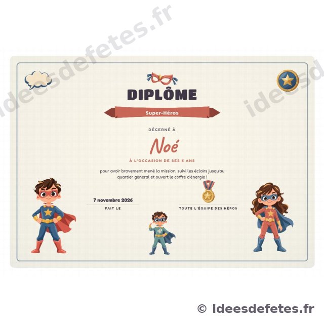 Diplôme de super-héros personnalisé : le prénom de chaque enfant imprimé, remis à la fin de la chasse au trésor