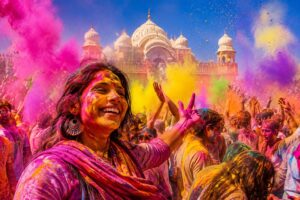 Femme couverte de poudres colorées pendant la fête de Holi en Inde, une des fêtes traditionnelles insolites