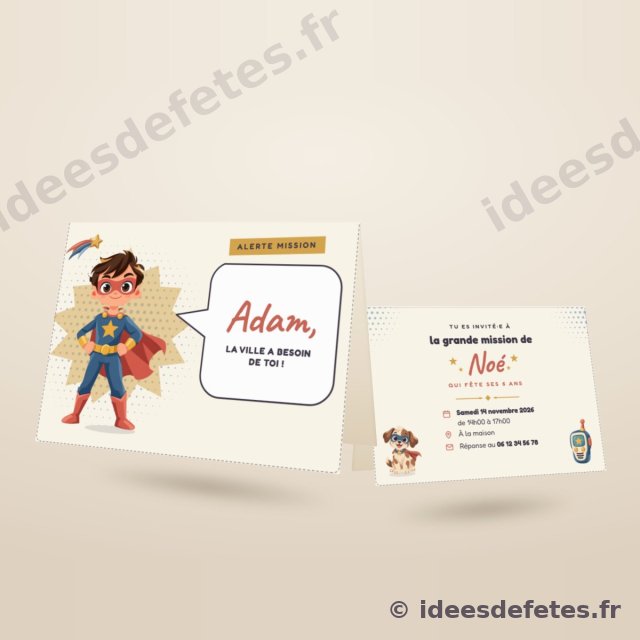 Invitation d’anniversaire super-héros à imprimer, pliée en deux : le prénom de l’invité en couverture, la date et le lieu au verso