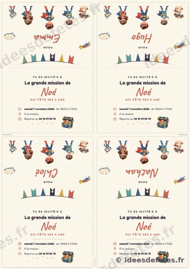 Invitations d’anniversaire super-héros à imprimer, au prénom de chaque invité, avec la troupe de héros en couverture