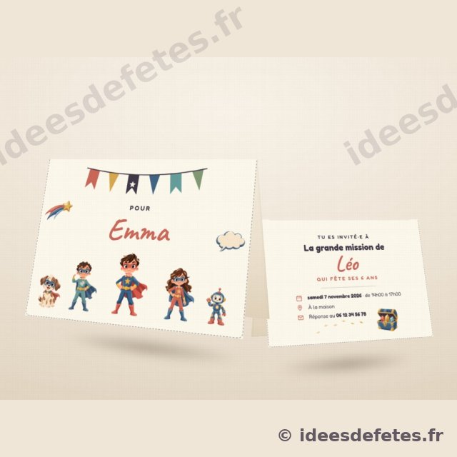 Invitation d’anniversaire super-héros personnalisée, carte pliée au prénom de l’invité