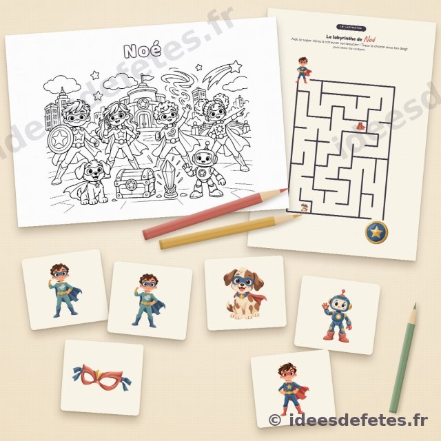 Jeux d’anniversaire super-héros à imprimer : coloriage au prénom de l’enfant, labyrinthe et cartes de memory de l’équipe