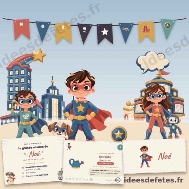 Kit d’anniversaire super-héros personnalisé à imprimer : guirlande au prénom, invitation, carte de chasse au trésor, marque-place et l’équipe de héros