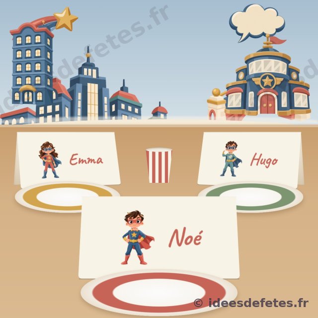 Marque-places super-héros à imprimer : une carte au prénom de chaque enfant avec un héros de l’équipe, debout derrière son assiette