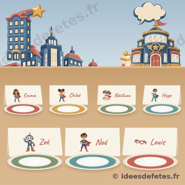 Porte-prénoms super-héros à imprimer : sept cartes au prénom des invités sur la table du goûter