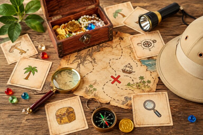 Carte au trésor, cartes d'énigmes illustrées, coffre à bijoux, boussole et loupe pour une chasse au trésor enfant