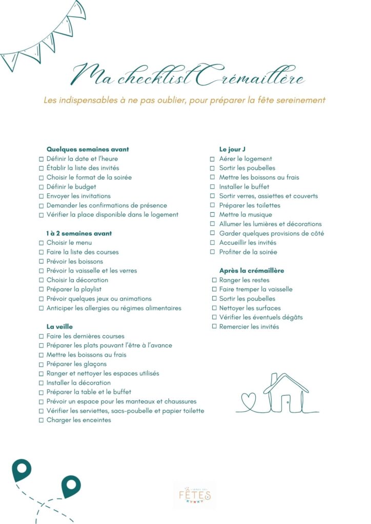 Checklist crémaillère gratuite à imprimer : tâches à cocher d'un mois avant jusqu'au rangement après la fête