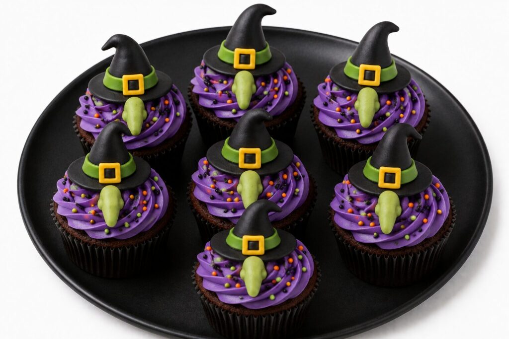 Cupcakes de sorcière au glaçage violet surmontés d'un chapeau pointu noir et vert, recette de goûter Halloween