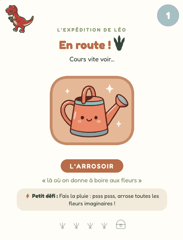 Carte n°1 de la chasse au trésor dinosaures : arrosoir à trouver, indice et petit défi, imprimable de chasse au trésor enfant