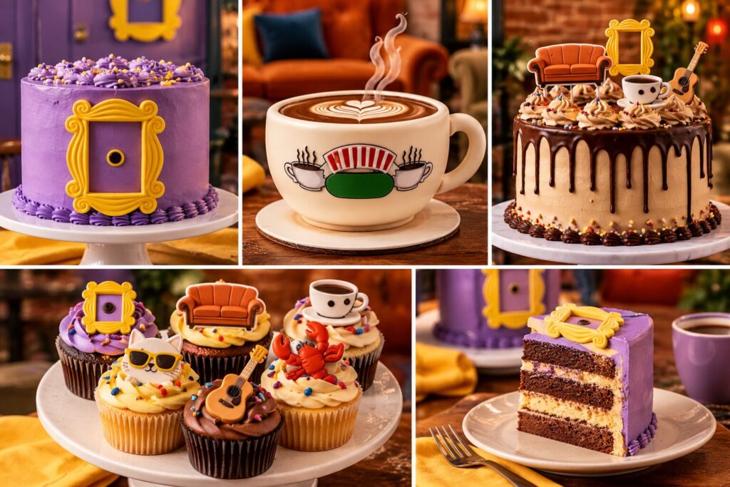 Idées de gâteaux Friends : cadre jaune sur glaçage violet, tasse Central Perk et cupcakes