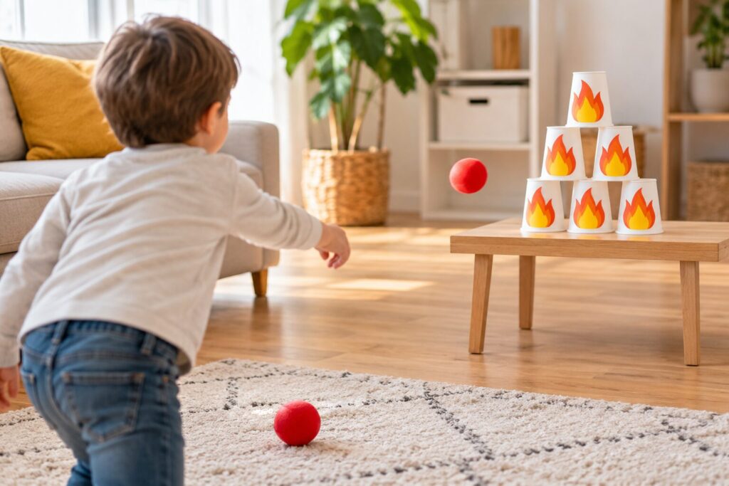 Jeu des gobelets enflammés : un garçon lance une balle rouge sur une pyramide de gobelets décorés de flammes