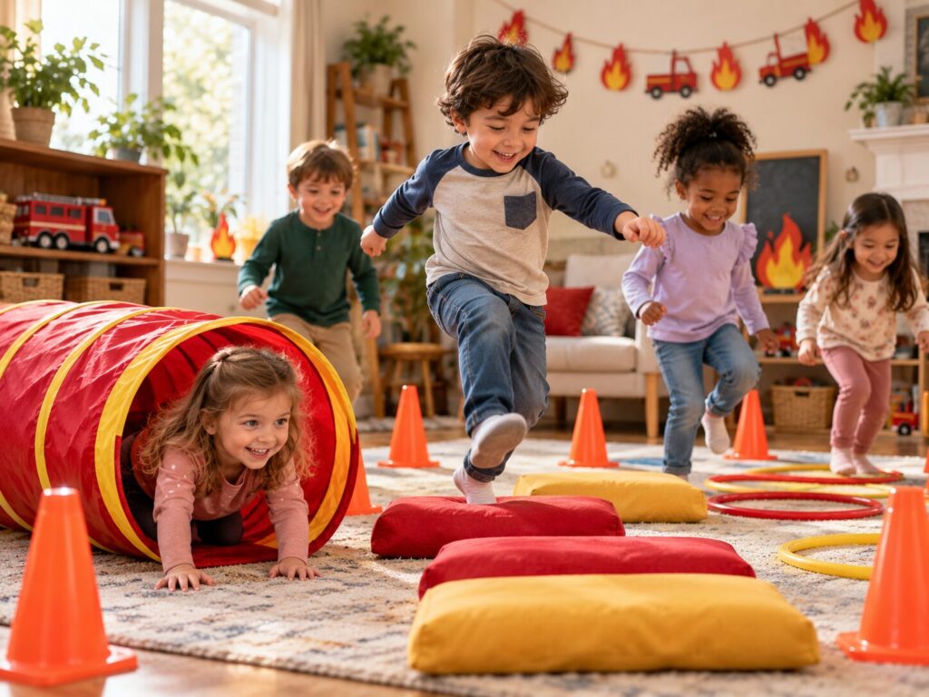 Parcours de pompiers à la maison : cinq enfants passent dans un tunnel, sautent les coussins et slaloment entre les plots